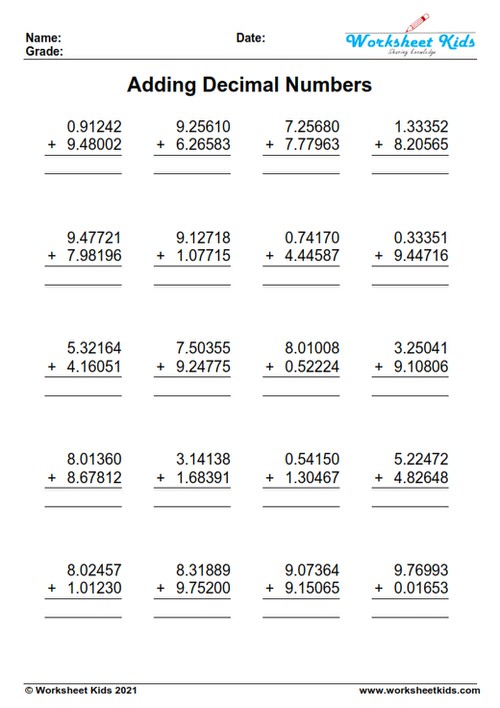 adding decimals worksheet 6th grade