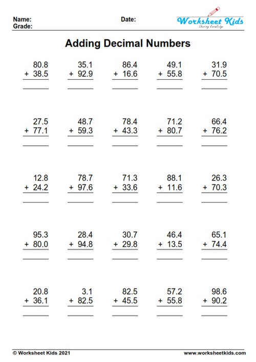 adding decimals worksheet for year 6