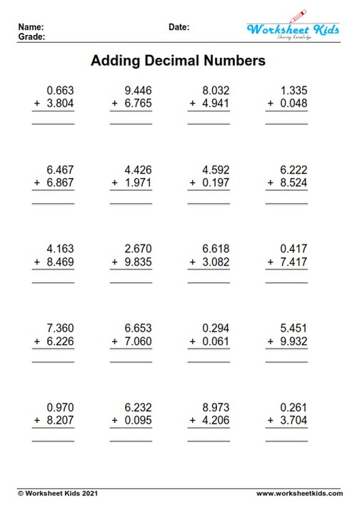addition with decimals worksheet