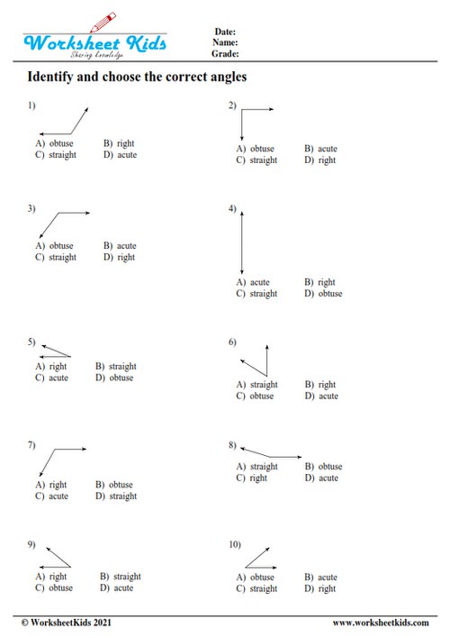 classifying angles worksheet 4th grade multiple choice with answers