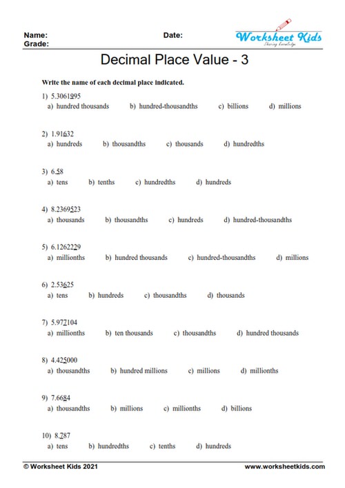 5th grade decimal place value worksheets in pdf with answer keys