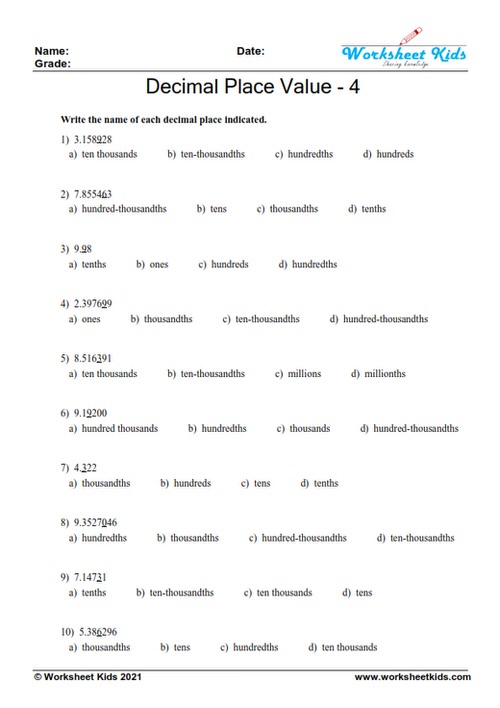 6th grade free math decimal number place value worksheet