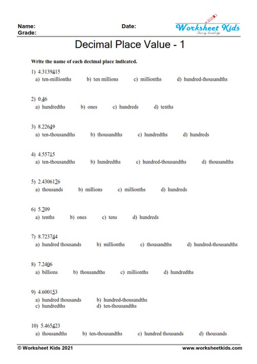 decimal place value worksheets 4th grade