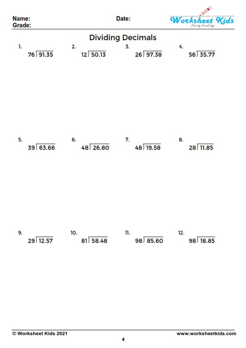 Dividing Decimals By Whole Numbers Worksheet Grade 5