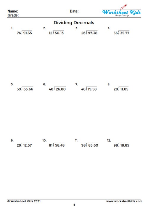 dividing decimals by whole numbers worksheet pdf