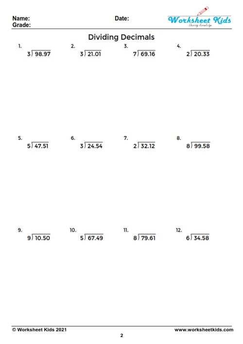 dividing decimals by whole numbers worksheet with answer key