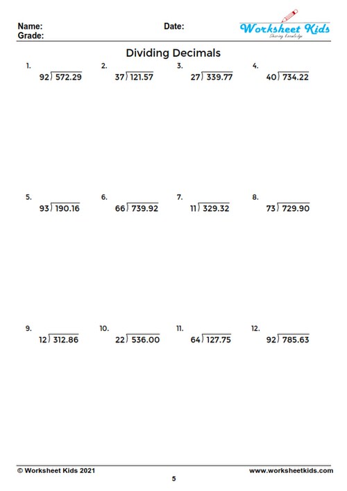 dividing decimals worksheet 6th grade