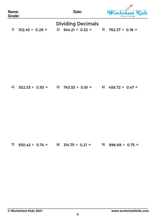 Animals math worksheets 5th grade decimal division