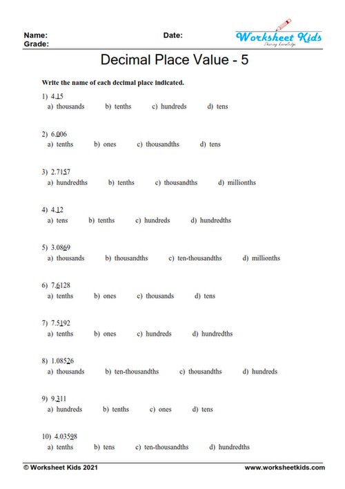 fifth grade math decimal value worksheet with answer key