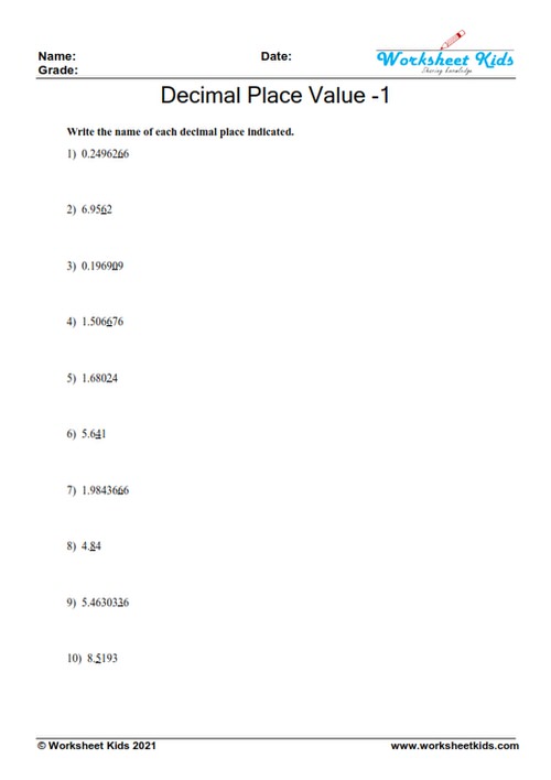 identifying decimal place value worksheets mcq thousandths