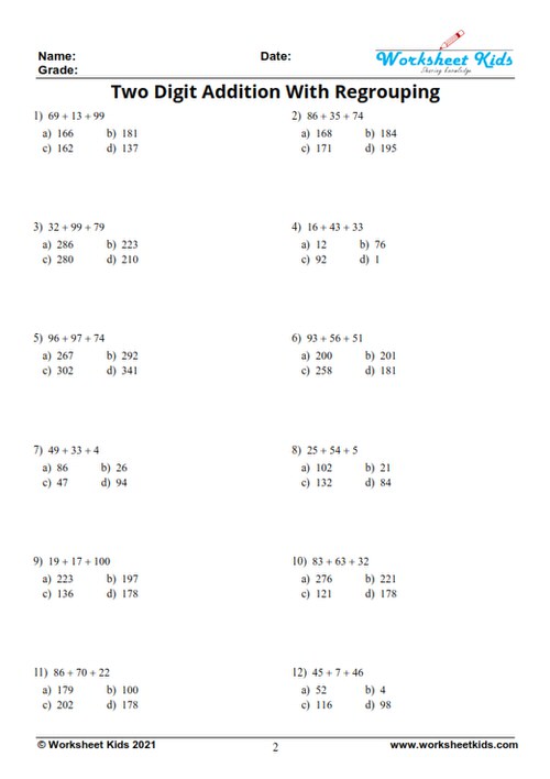 3 addend two digit addition with regrouping multiple choice questions mcq
