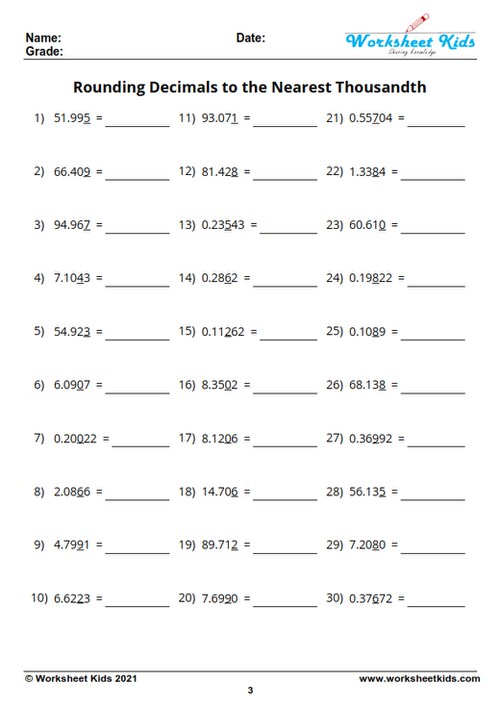 5th grade math rounding decimals to the nearest thousandth worksheets