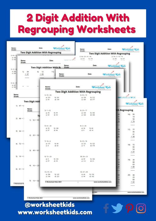 Free printable vertical and horizontal 2 digit addition with regrouping in pdf