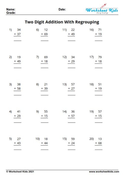 free 2 digit addition with regrouping worksheets 2nd grade in pdf