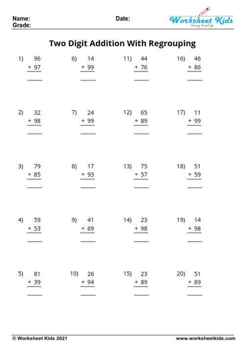 free printable 2 digit by 2 digit addition with regrouping worksheets