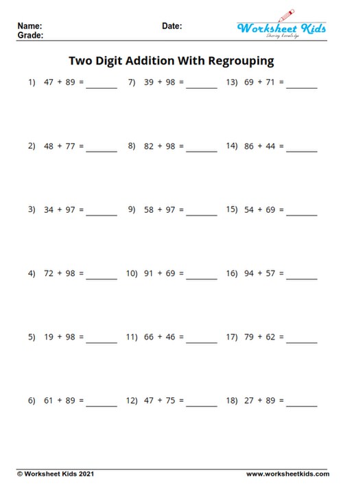 horizontal 2 digit by 2 digit addition with regrouping worksheets for 3rd grade