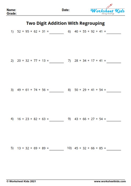 horizontal multiple addend two digit addition with regrouping free worksheets