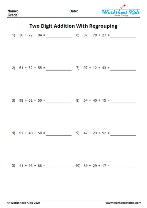 horizontal three addend two digit addition with regrouping free worksheets