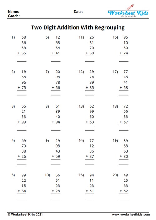 multiple addend two digit addition with regrouping free worksheets