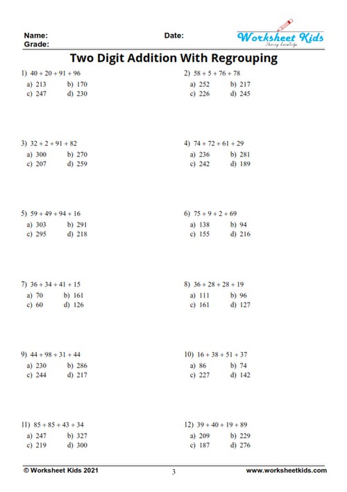 multiple addend two digit addition with regrouping multiple choice questions mcq