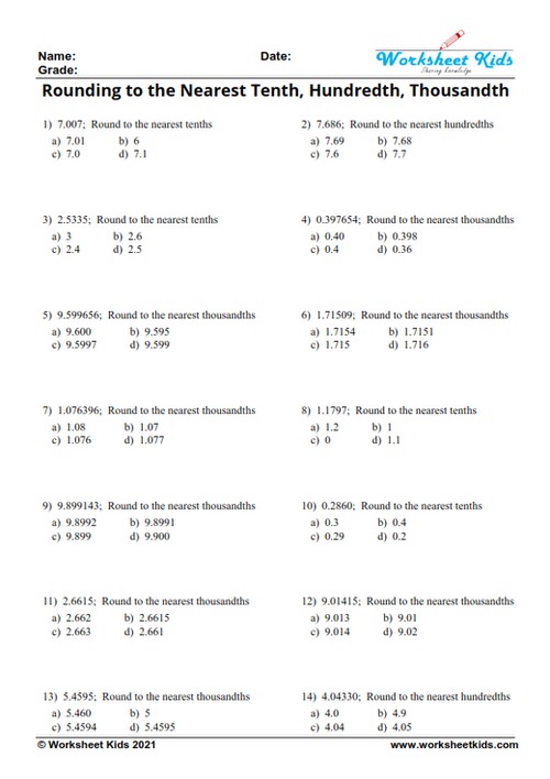 Rounding decimals worksheet for 5th Grade with answer key Free PDF