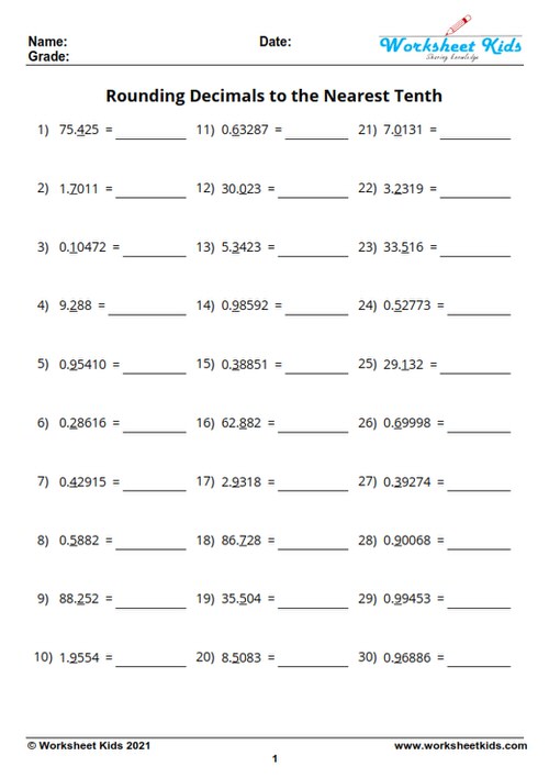 rounding decimals to the nearest whole number and tenth worksheet