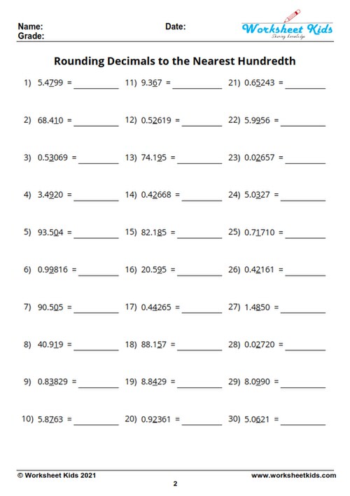 rounding decimals worksheet for 5th grade with answer key free pdf