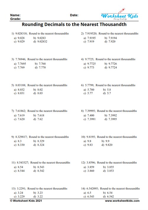rounding to 3 decimal places worksheet MCQ
