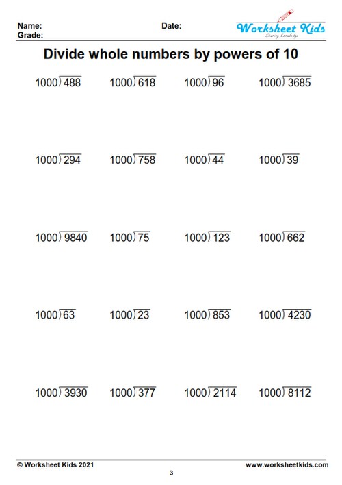 Dividing whole numbers and decimals by powers of 10 Free printable