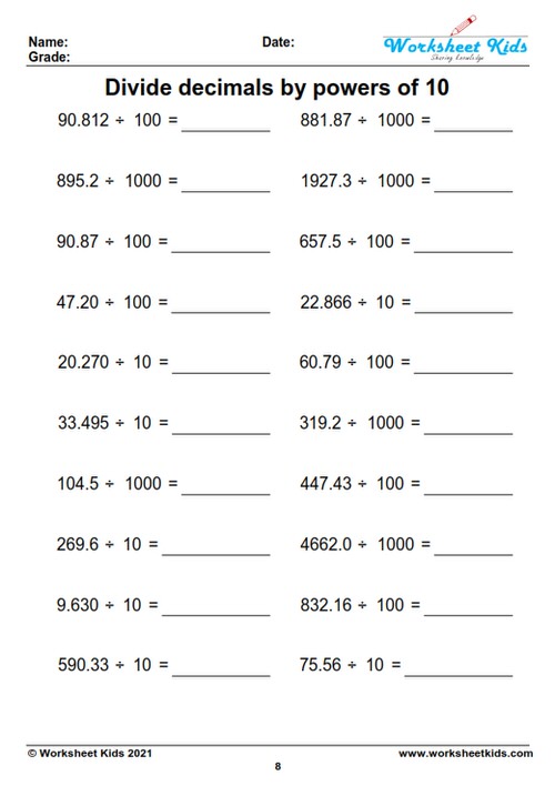 dividing decimal numbers by powers of 10 100 1000