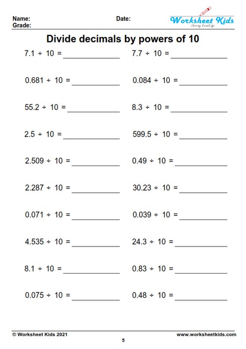 dividing whole numbers and decimals by powers of 10 free printable