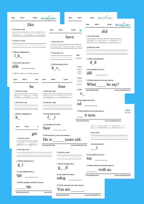free printable dolch sight word witing practice for kindergarten in pdf