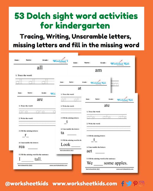 dolch pre primer sight words for kindergarten worksheet printable pdf list