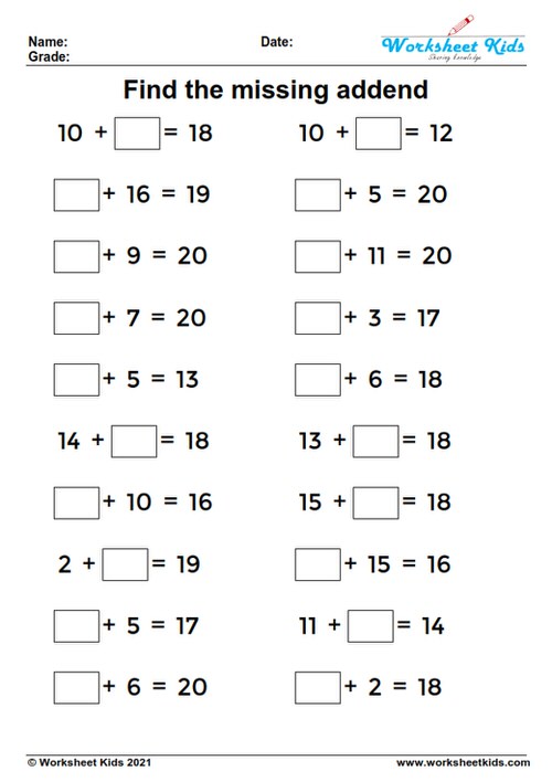 find the missing addend for grade 1 and grade 2