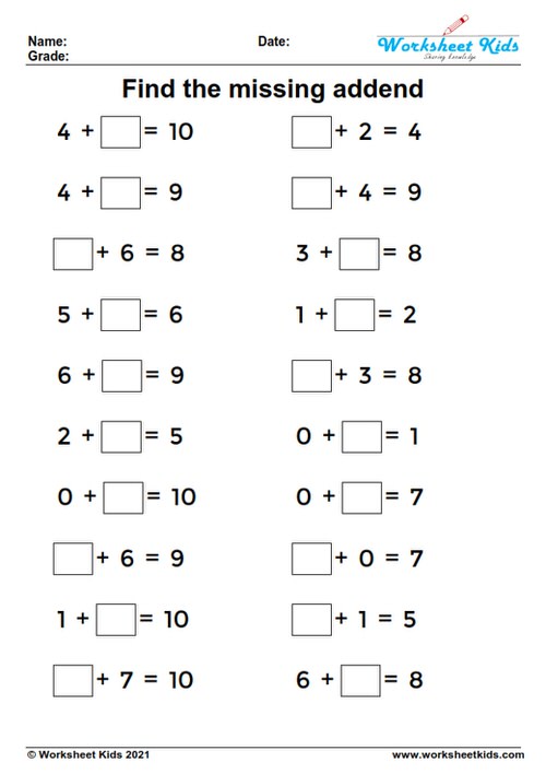 free missing addends worksheets for first grade