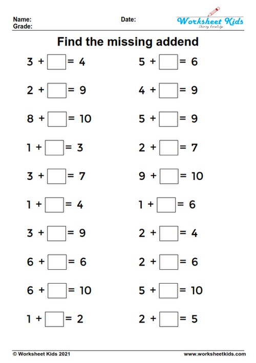 kindergarten missing addend worksheets