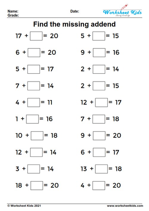 missing addend 1st grade worksheet