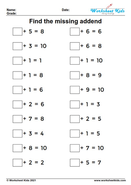 missing addends worksheets grade 1