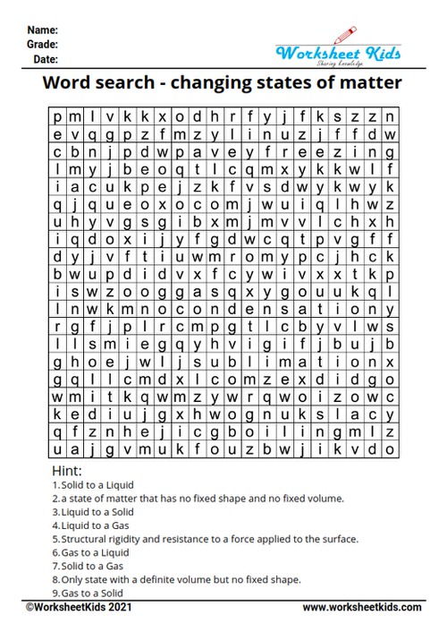 word search puzzle on changing states of matter