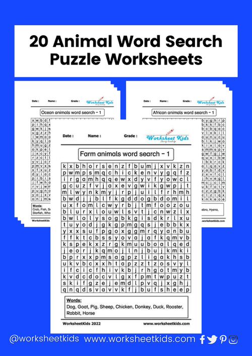 20 animals word search puzzle printable worksheets