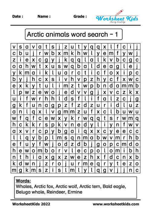 Arctic animals word search puzzle