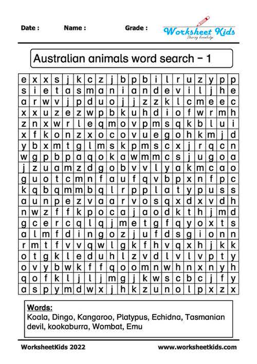 Australian animals word search search puzzle