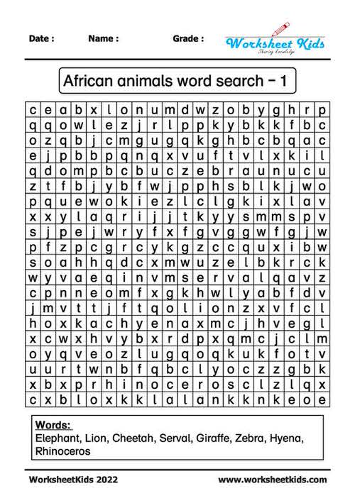 african animals word search puzzle