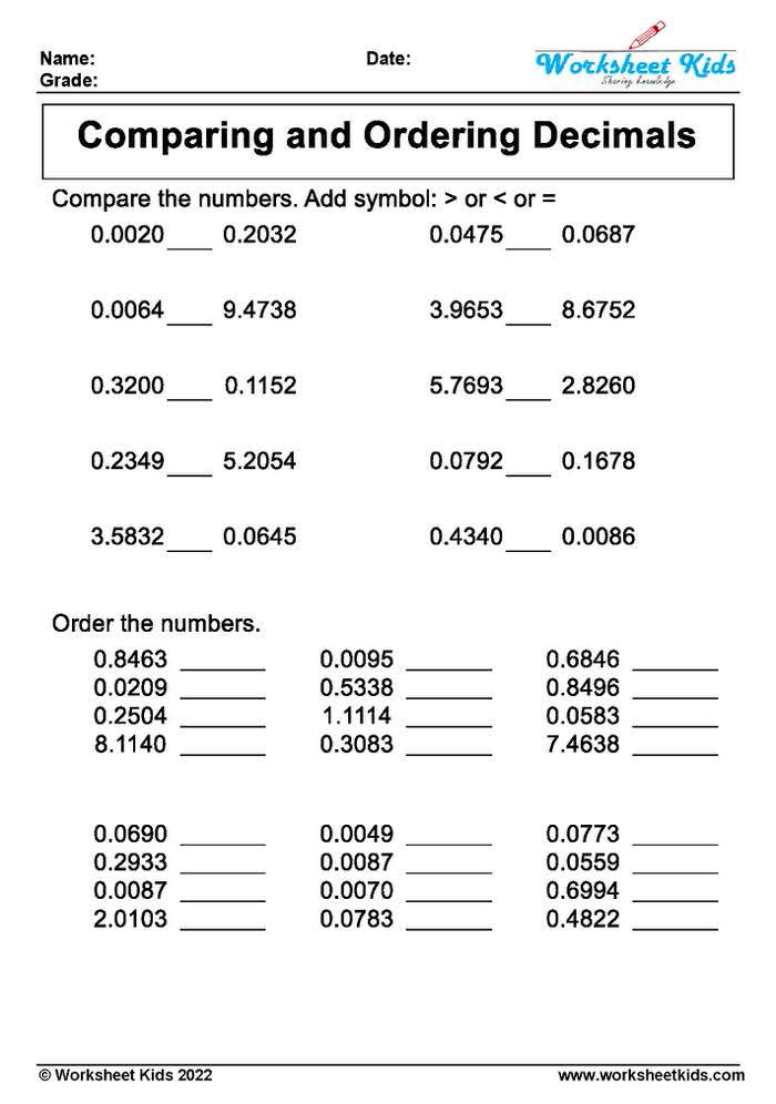 comparing and ordering decimals  worksheets printable pdf