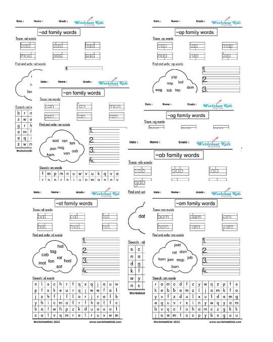 free printable ab ad ag am an ap at short vowel CVC words worksheets for kindergarten