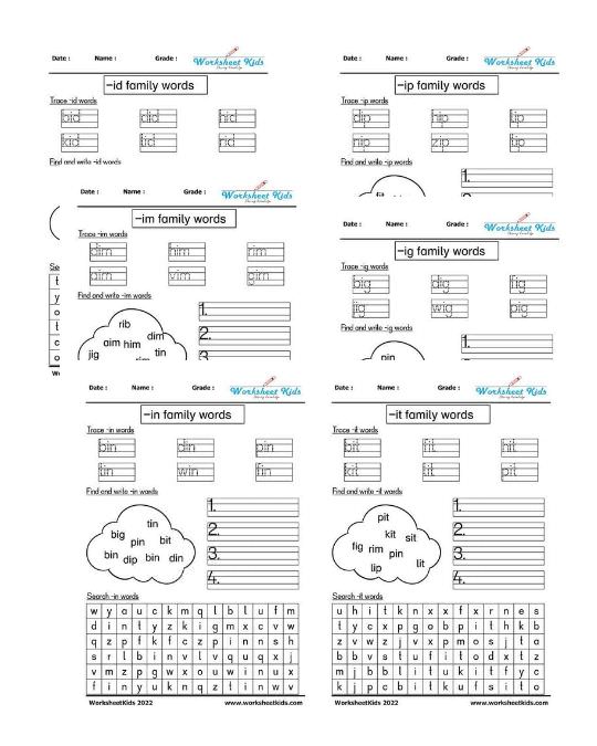 free printable ib id ig im in ip it short vowel CVC words worksheets for kindergarten
