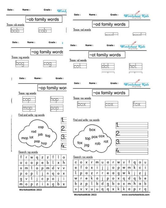 free printable ob od og op ot ox short vowel CVC words worksheets for kindergarten