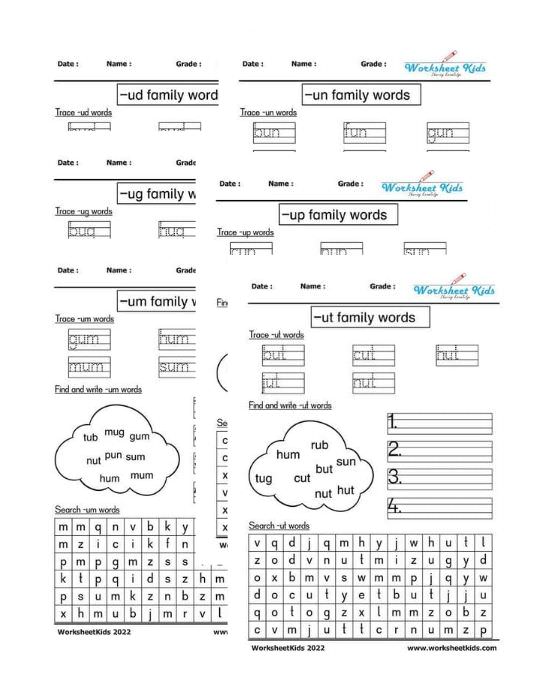 free printable ub ud ug um un up ut short vowel CVC words worksheets for kindergarten