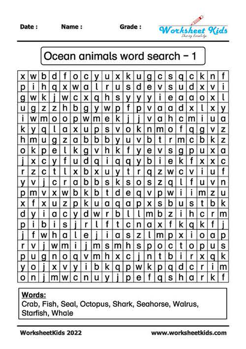 ocean animals word search puzzle