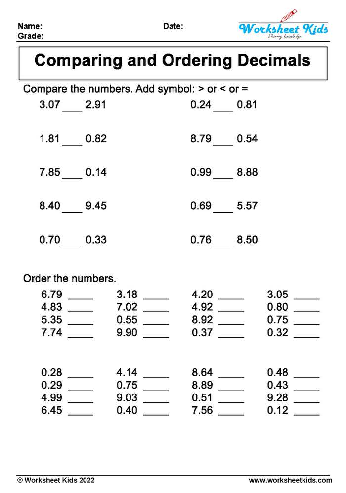 ordering decimals worksheet